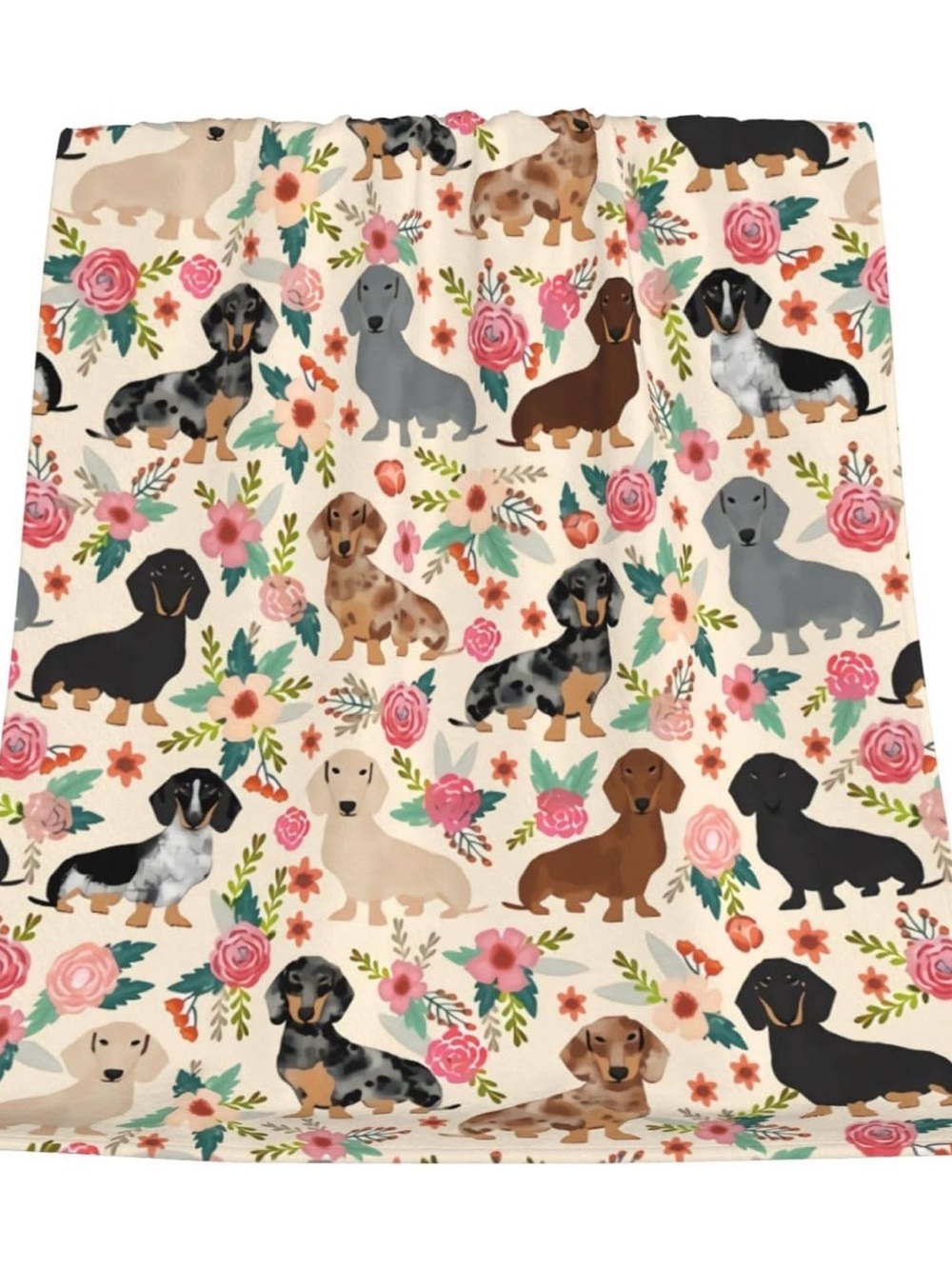 Dachshund Floral Plush Throw Blanket - Cream